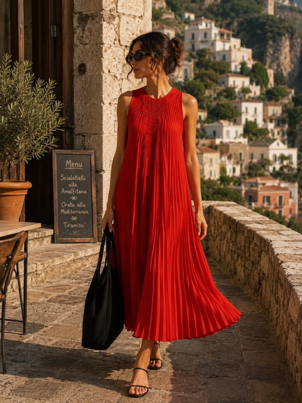 Vince | Copper Red Pleated Midi Dress – Minimalist Italian Resort Style – Size L